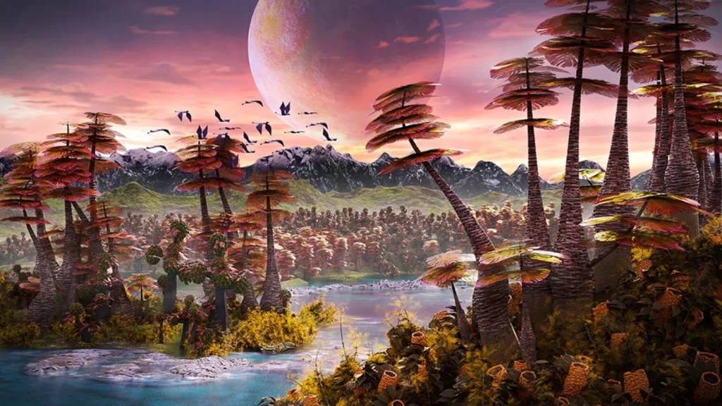 Paysage imaginaire d'une exoplanète. Des arbres et une rivière en premier plan, au loin des montagnes et une planète visible dans le ciel rose. Des oiseaux volent au dessus des arbres