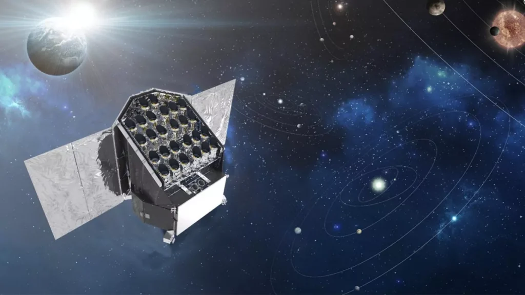 Vue d'artiste du satellite Plato, dans l'espace. En fond, des étoiles et planètes.