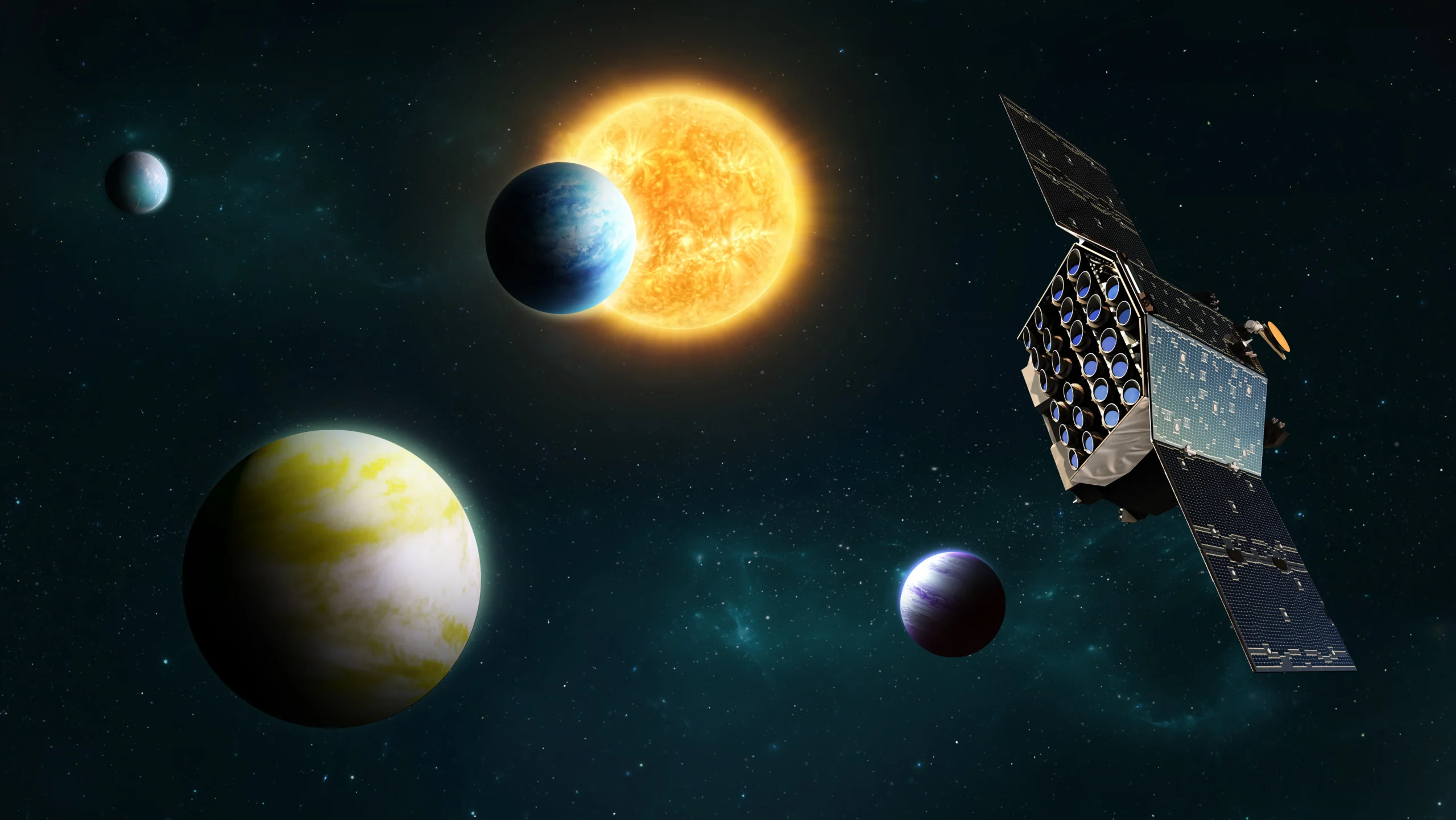 Vue d'artiste du satellite PLATO dans l'espace en train d'observer un système extraplanétaire, composé de plusieurs planètes et d'une étoile.